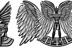 half Egyptian winged sphinx and half  Aztec winged sphinx in front of Aztec and Egyptian pyramids tattoo idea