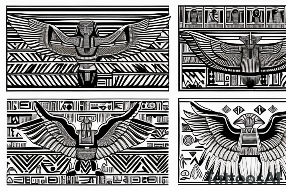 half Egyptian winged sphinx and half  Aztec winged sphinx in front of Aztec and Egyptian pyramids tattoo idea
