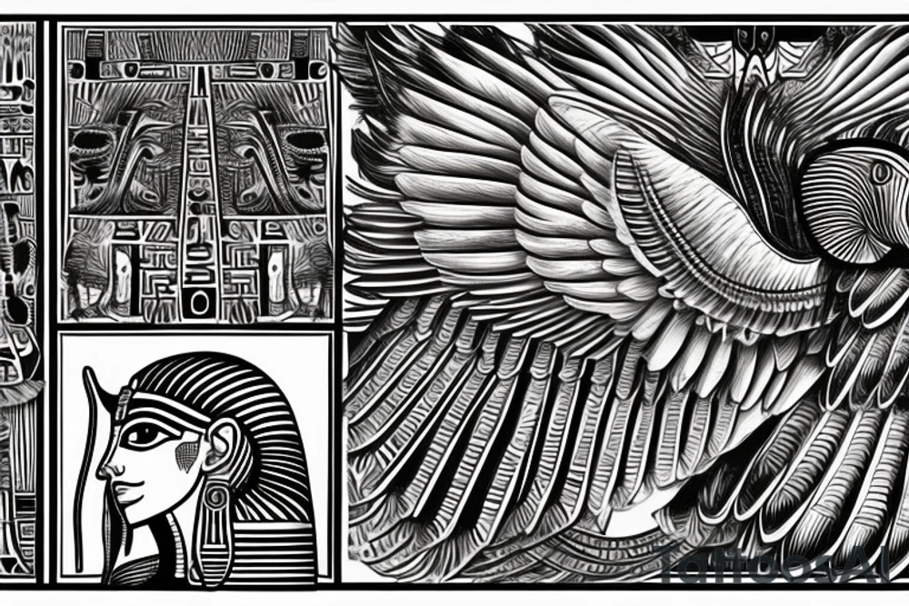 half Egyptian winged sphinx and half  Aztec winged sphinx in front of Aztec and Egyptian pyramids tattoo idea