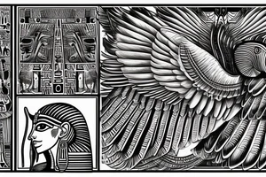 half Egyptian winged sphinx and half  Aztec winged sphinx in front of Aztec and Egyptian pyramids tattoo idea