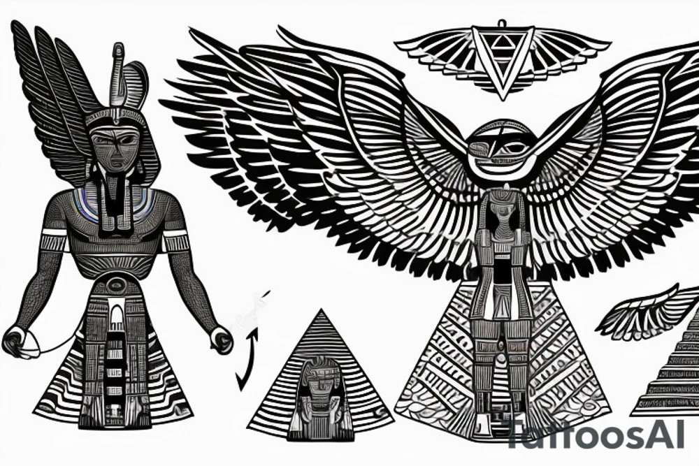 half Egyptian winged sphinx and half  Aztec winged sphinx in front of Aztec and Egyptian pyramids tattoo idea