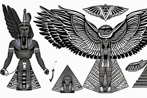 half Egyptian winged sphinx and half  Aztec winged sphinx in front of Aztec and Egyptian pyramids tattoo idea