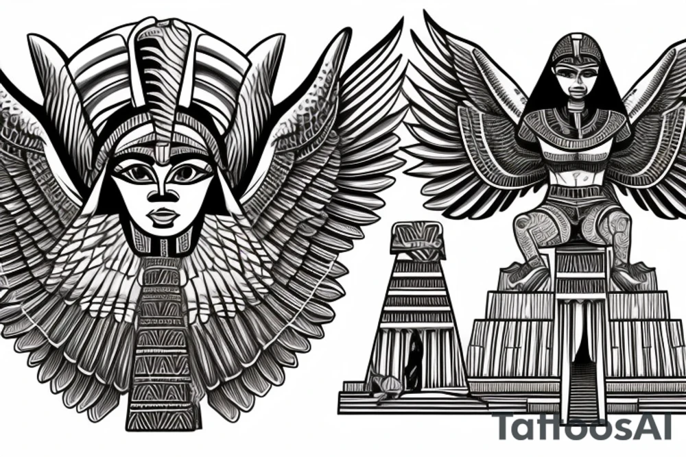 half Egyptian winged sphinx and half Aztec winged sphinx in front of Aztec and Egyptian pyramids tattoo idea