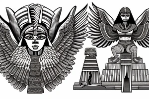 half Egyptian winged sphinx and half  Aztec winged sphinx in front of Aztec and Egyptian pyramids tattoo idea