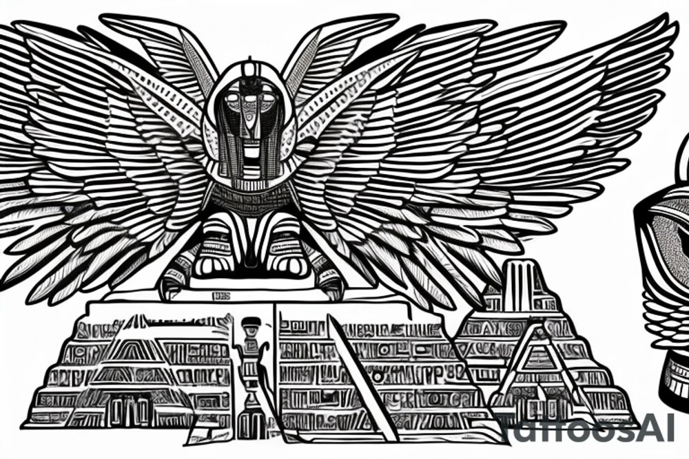 half Egyptian winged sphinx and half Aztec winged sphinx in front of Aztec and Egyptian pyramids tattoo idea