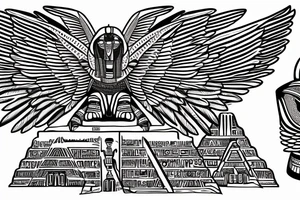 half Egyptian winged sphinx and half  Aztec winged sphinx in front of Aztec and Egyptian pyramids tattoo idea