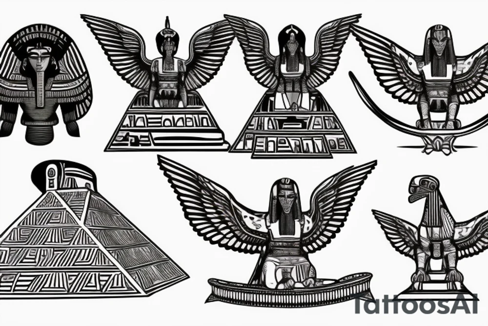 Egyptian winged sphinx and Aztec winged sphinx in front of Aztec and Egyptian pyramids tattoo idea