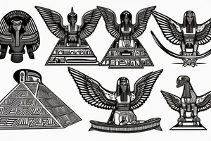 Egyptian winged sphinx and Aztec winged sphinx in front of Aztec and Egyptian pyramids tattoo idea