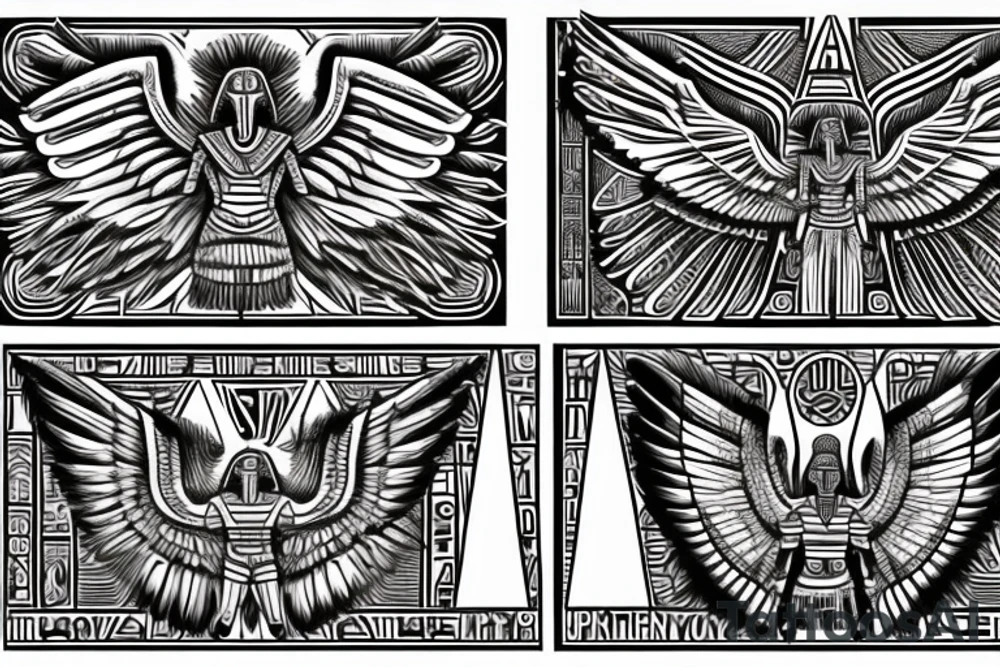 Egyptian winged sphinx and Aztec winged sphinx in front of Aztec and Egyptian pyramids tattoo idea