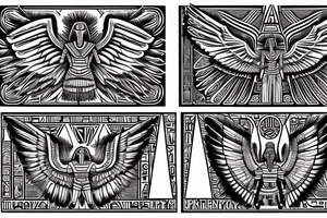 Egyptian winged sphinx and Aztec winged sphinx in front of Aztec and Egyptian pyramids tattoo idea