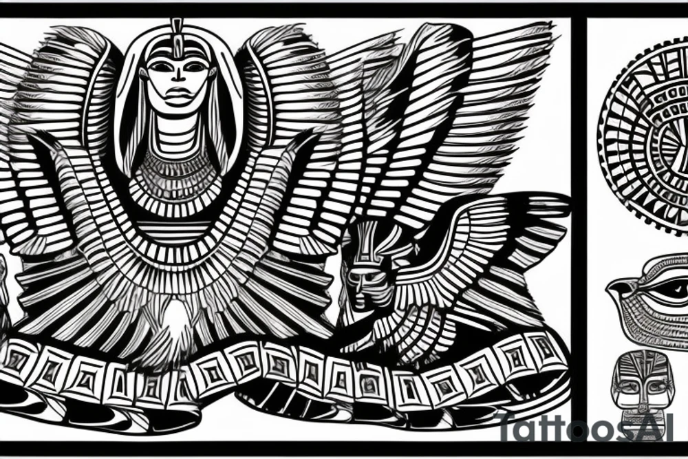 Egyptian winged sphinx and Aztec winged sphinx in front of Aztec and Egyptian pyramids tattoo idea