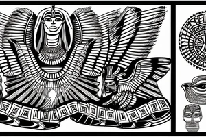 Egyptian winged sphinx and Aztec winged sphinx in front of Aztec and Egyptian pyramids tattoo idea