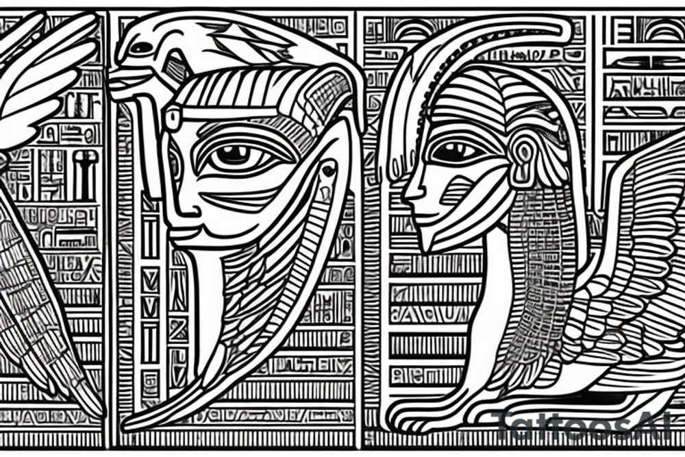 Egyptian winged sphinx and Aztec winged sphinx in front of Aztec and Egyptian pyramids tattoo idea