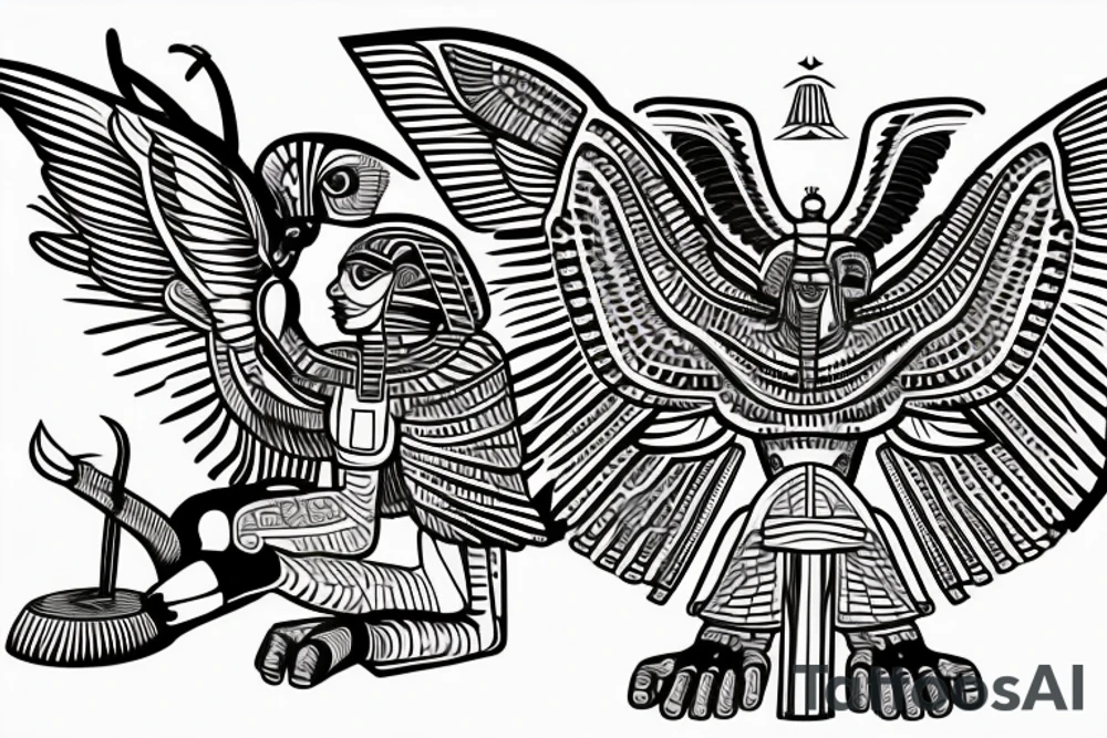 Egyptian winged sphinx and Aztec winged sphinx in front of Aztec and Egyptian pyramids tattoo idea