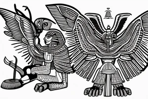 Egyptian winged sphinx and Aztec winged sphinx in front of Aztec and Egyptian pyramids tattoo idea