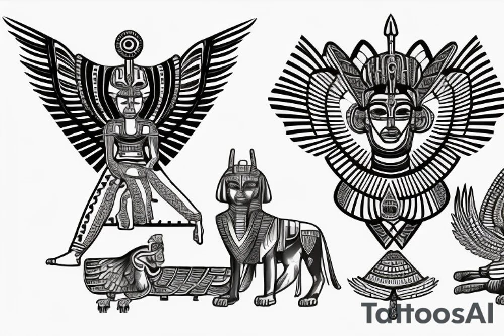 Egyptian winged sphinx and Aztec winged sphinx in front of Aztec and Egyptian pyramids tattoo idea