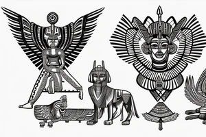 Egyptian winged sphinx and Aztec winged sphinx in front of Aztec and Egyptian pyramids tattoo idea
