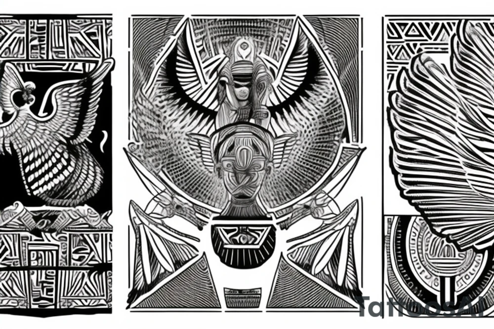 Egyptian winged sphinx and Aztec winged sphinx in front of Aztec and Egyptian pyramids tattoo idea