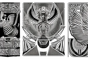Egyptian winged sphinx and Aztec winged sphinx in front of Aztec and Egyptian pyramids tattoo idea
