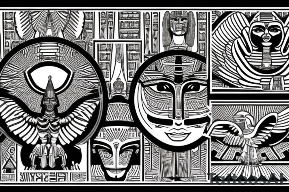 Egyptian winged sphinx and Aztec winged sphinx in front of Aztec and Egyptian pyramids tattoo idea