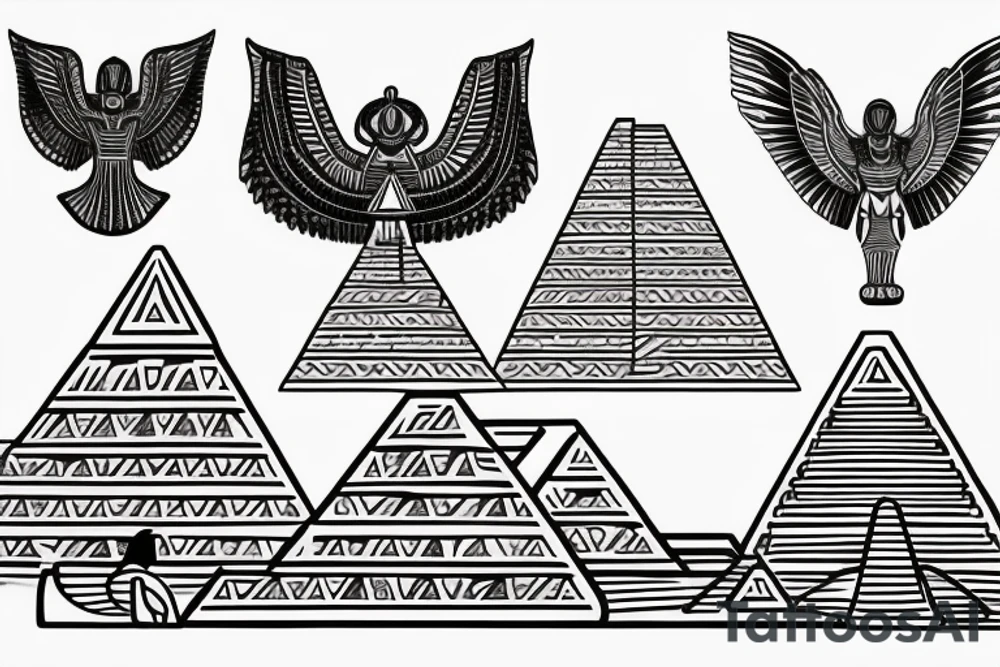 Egyptian winged sphinx and Aztec winged sphinx in front of Aztec and Egyptian pyramids tattoo idea