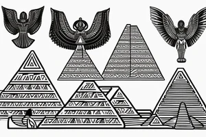 Egyptian winged sphinx and Aztec winged sphinx in front of Aztec and Egyptian pyramids tattoo idea