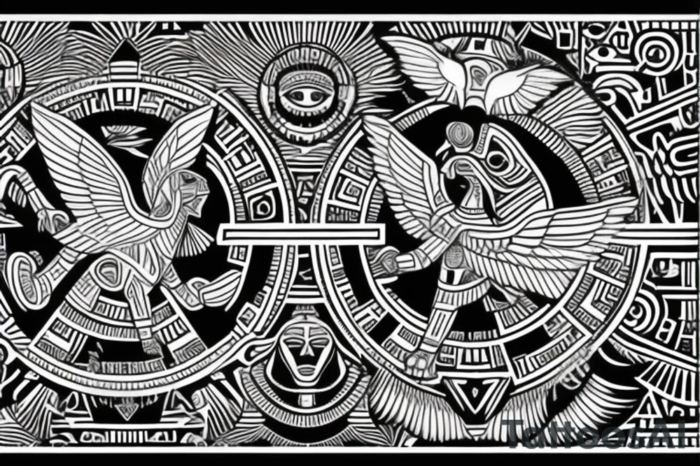 Egyptian winged sphinx and Aztec winged sphinx in front of Aztec and Egyptian pyramids tattoo idea