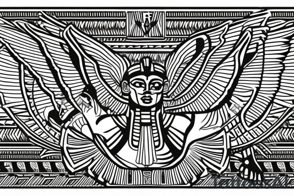 Egyptian winged sphinx and Aztec winged sphinx in front of Aztec and Egyptian pyramids tattoo idea