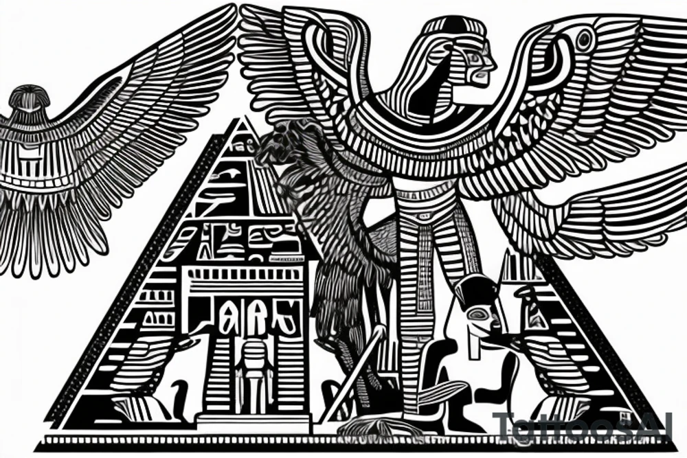 Egyptian winged sphinx and Aztec winged sphinx in front of Aztec and Egyptian pyramids tattoo idea