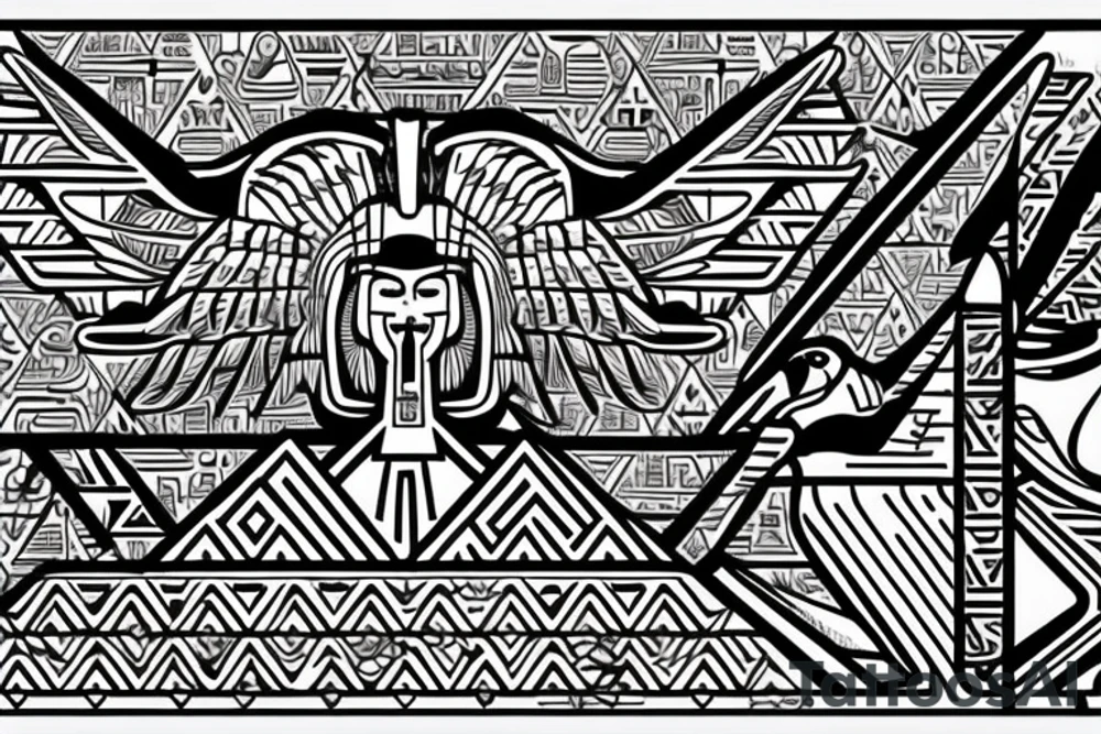 Egyptian winged sphinx and Aztec winged sphinx in front of Aztec and Egyptian pyramids tattoo idea