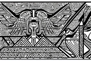 Egyptian winged sphinx and Aztec winged sphinx in front of Aztec and Egyptian pyramids tattoo idea