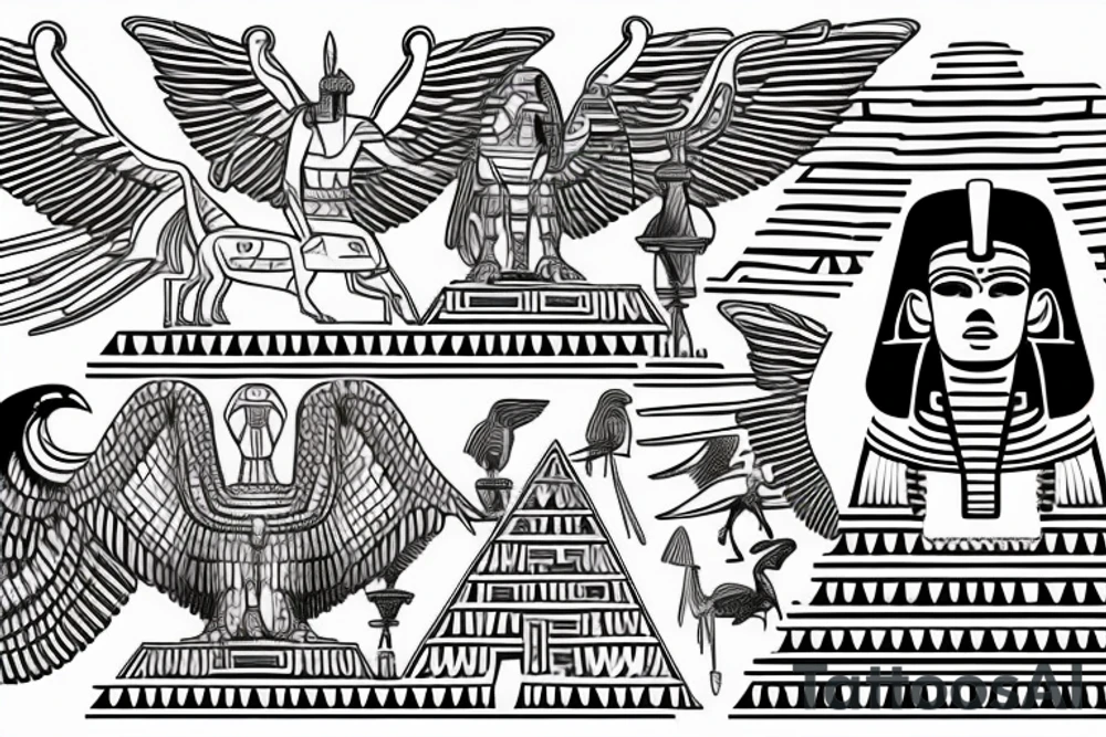 Egyptian winged sphinx and Aztec winged sphinx in front of Aztec and Egyptian pyramids tattoo idea