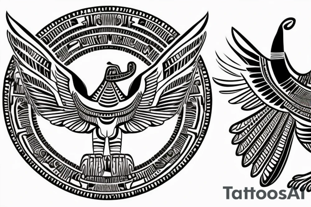 Egyptian winged sphinx and Aztec winged sphinx in front of Aztec and Egyptian pyramids tattoo idea