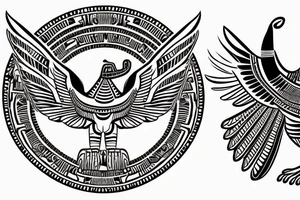 Egyptian winged sphinx and Aztec winged sphinx in front of Aztec and Egyptian pyramids tattoo idea