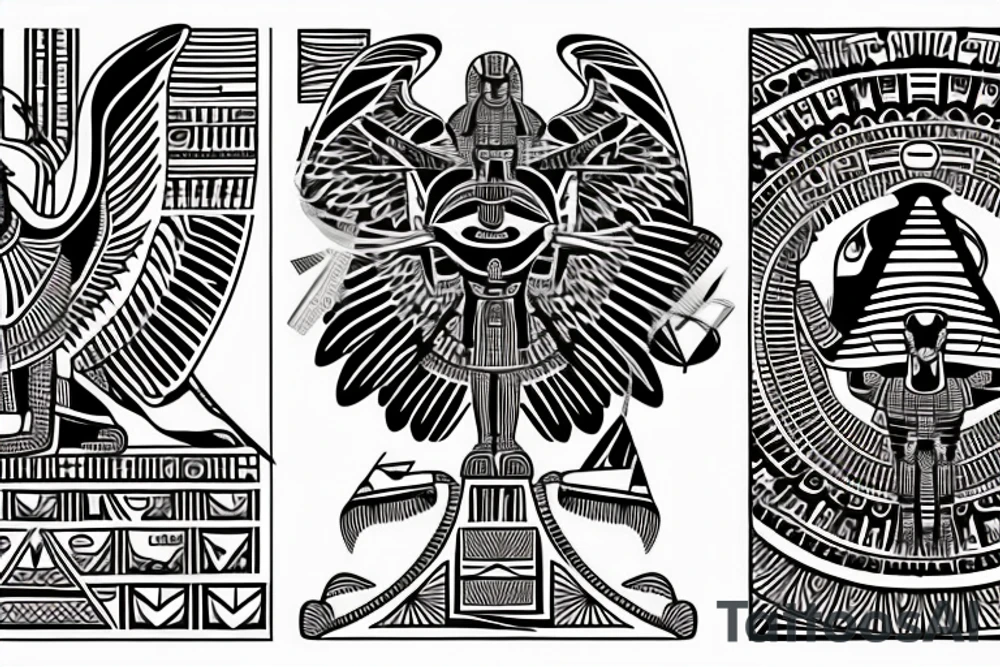 Egyptian winged sphinx and Aztec winged sphinx in front of Aztec and Egyptian pyramids tattoo idea