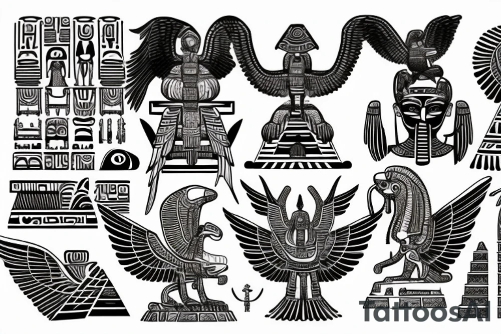 Egyptian winged sphinx and Aztec winged sphinx in front of Aztec and Egyptian pyramids tattoo idea