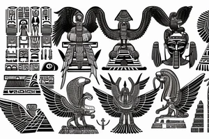 Egyptian winged sphinx and Aztec winged sphinx in front of Aztec and Egyptian pyramids tattoo idea