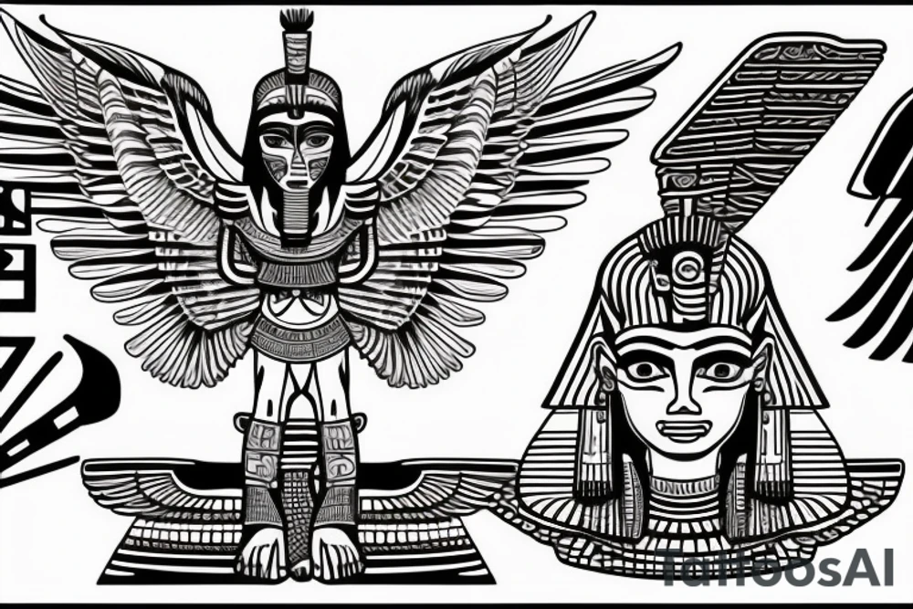 Egyptian winged sphinx and Aztec winged sphinx in front of Aztec and Egyptian pyramids tattoo idea