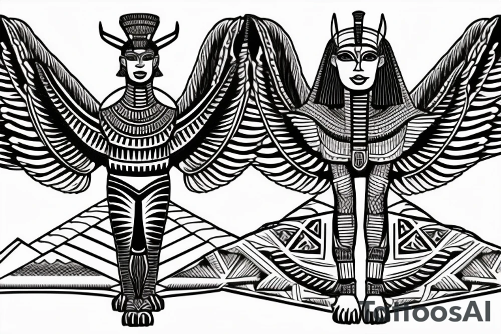 Egyptian winged sphinx and Aztec winged sphinx in front of Aztec and Egyptian pyramids tattoo idea