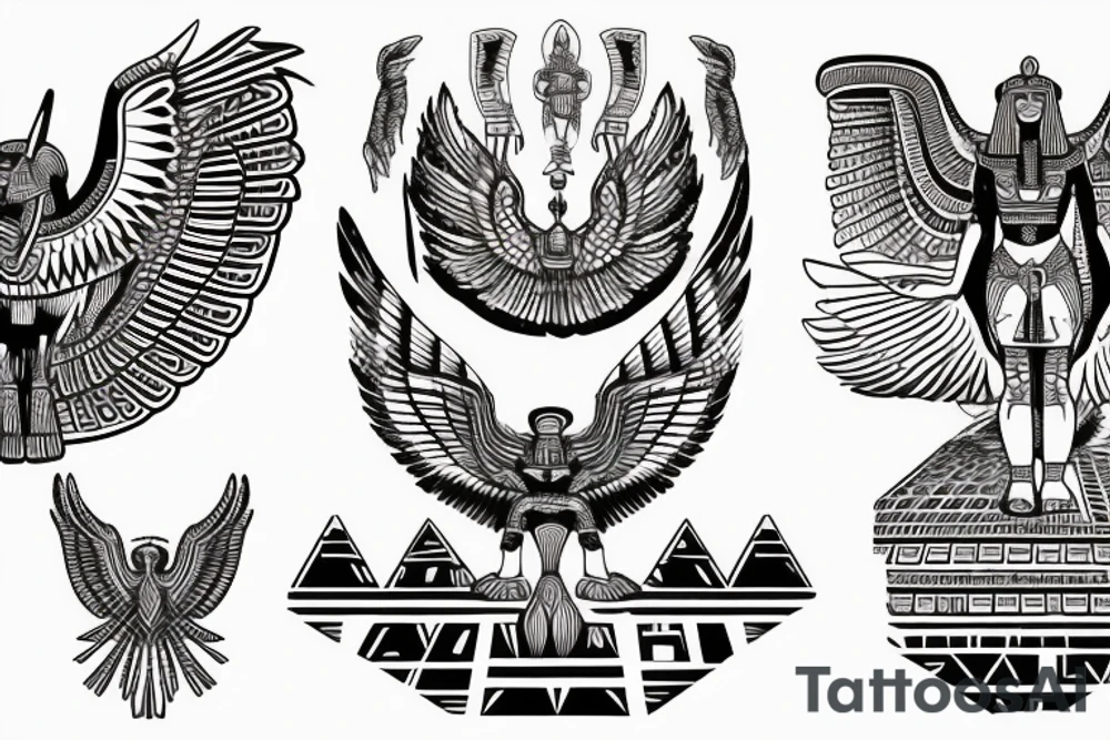 Egyptian winged sphinx and Aztec winged sphinx in front of Aztec and Egyptian pyramids tattoo idea