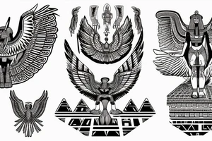 Egyptian winged sphinx and Aztec winged sphinx in front of Aztec and Egyptian pyramids tattoo idea