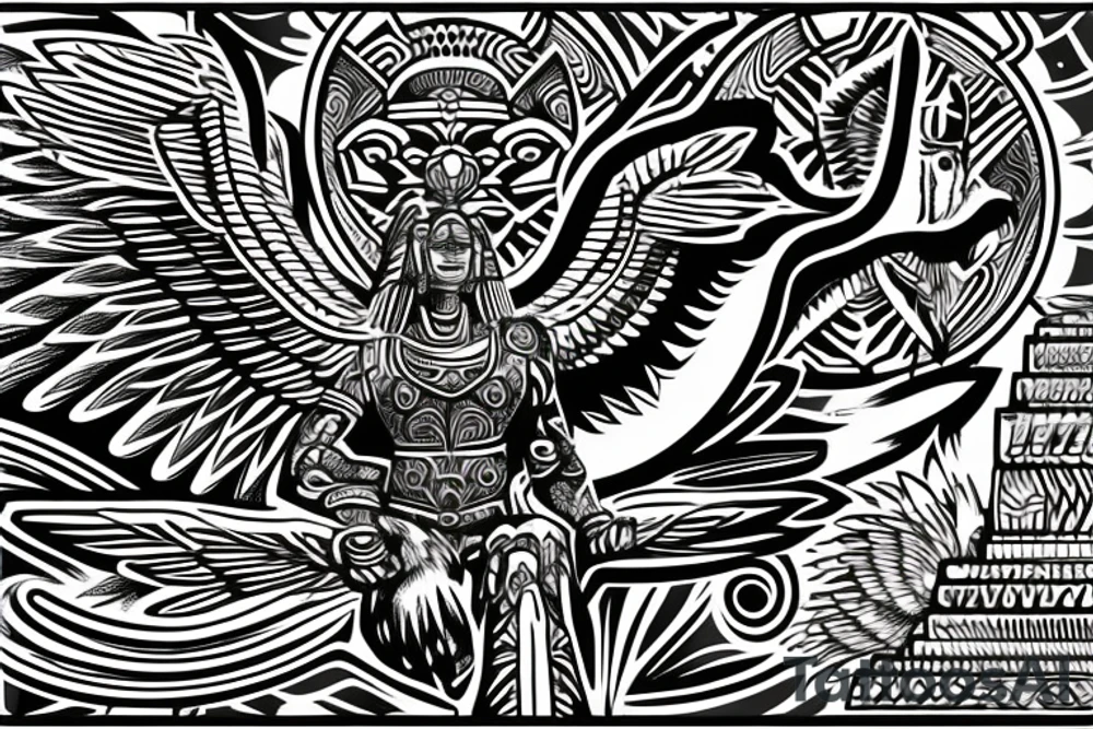 Aztec winged sphinx in front of Aztec pyramids tattoo idea