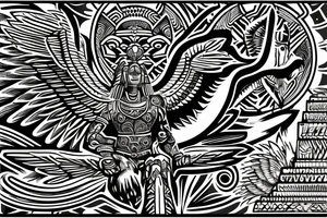 Aztec winged sphinx in front of Aztec pyramids tattoo idea