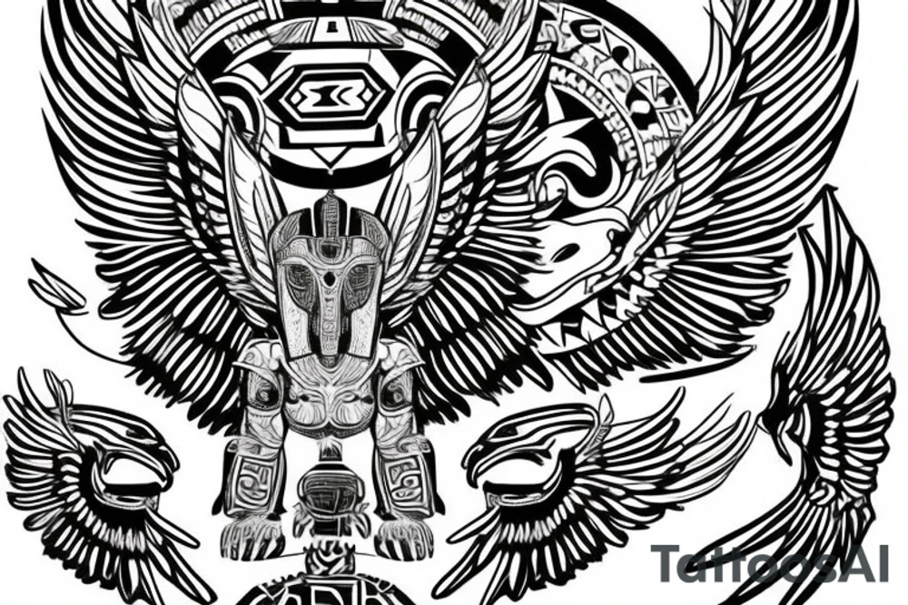Aztec winged sphinx in front of Aztec pyramids tattoo idea