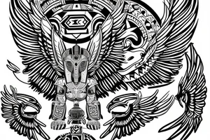 Aztec winged sphinx in front of Aztec pyramids tattoo idea