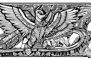 Aztec winged sphinx in front of Aztec pyramids tattoo idea