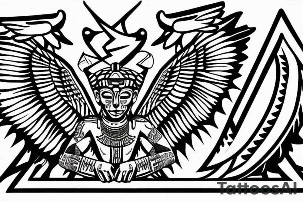 Aztec winged sphinx in front of Aztec pyramids tattoo idea Aztec winged sphinx in front of Aztec pyramids tattoo idea
