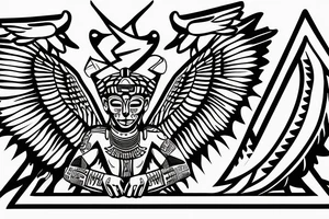 Aztec winged sphinx in front of Aztec pyramids tattoo idea