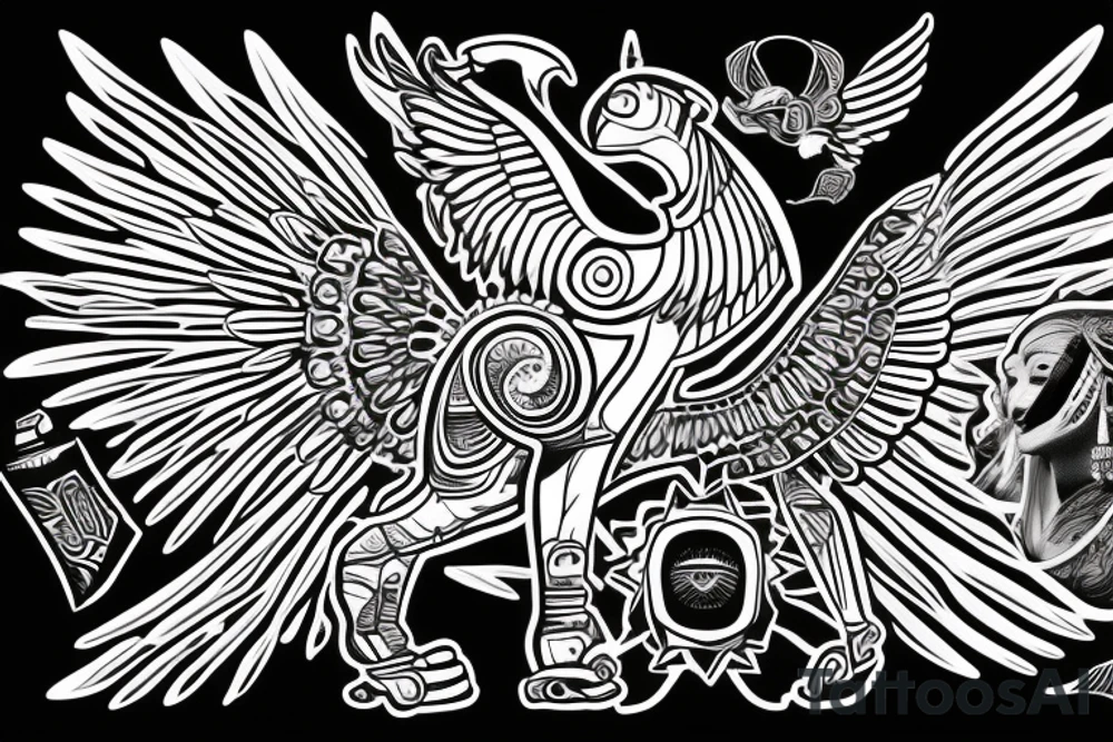 Aztec winged sphinx in front of Aztec pyramids tattoo idea