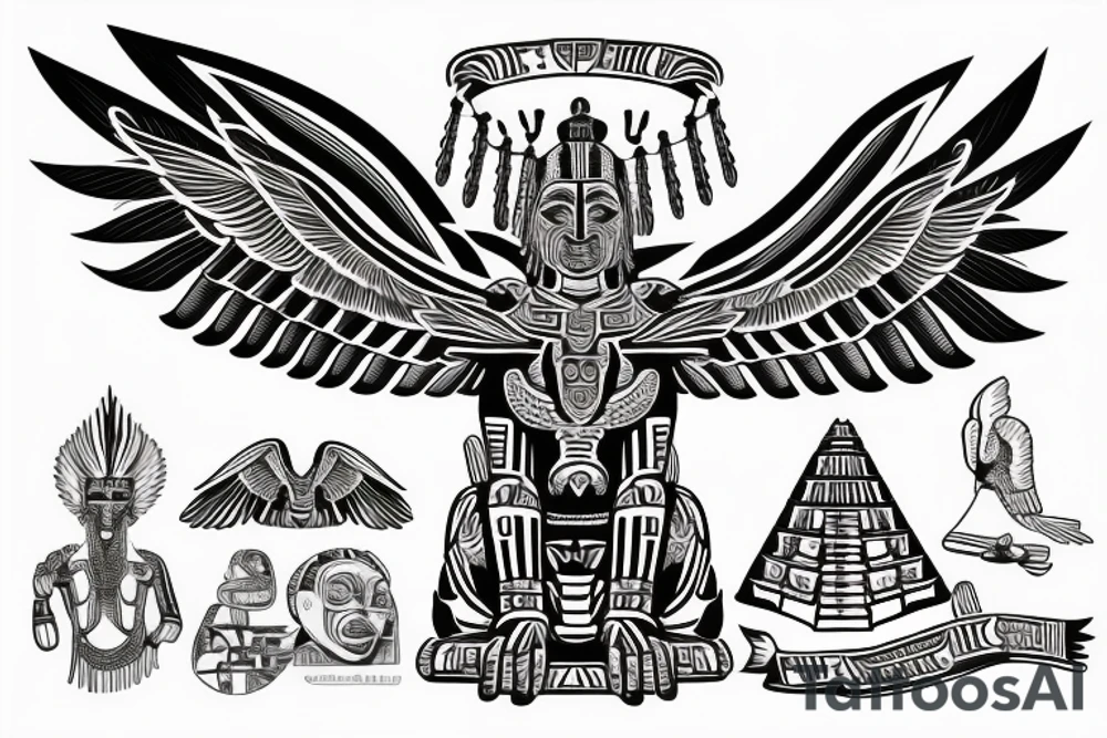 Aztec winged sphinx in front of Aztec pyramids tattoo idea